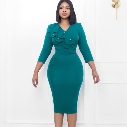 Large double-layer collar nail bead V-neck hip hugging skirt