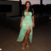 Strap wrapped chest sleeveless slit ruffle hem skirt