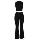 Women's solid color crop top, high waisted pants two-piece set