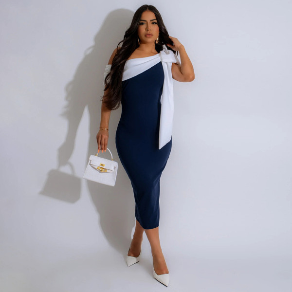 One shoulder lace up solid color slit dress sleeveless long dress