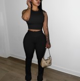 Women's solid color crop top, high waisted pants two-piece set