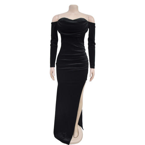 Women's solid color slit evening dress, low cut dress