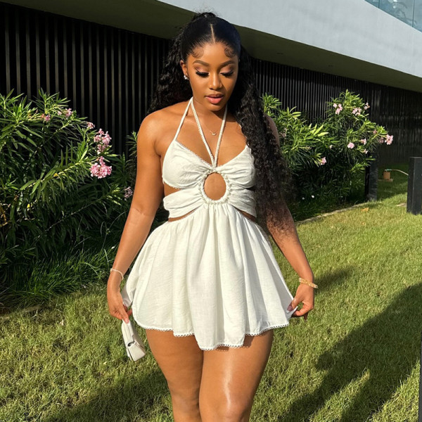 Hanging neck, tying rope, nailing beads, high waisted dress, short skirt