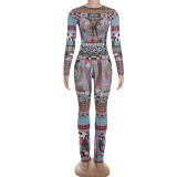 Digital printed navel exposed long sleeved pants set