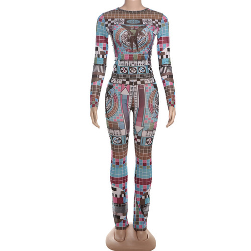 Digital printed navel exposed long sleeved pants set