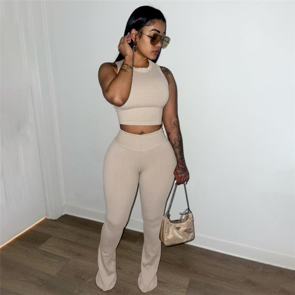 Women's solid color crop top, high waisted pants two-piece set