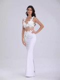 Two piece set of three-dimensional flower camisole vest with split back long skirt