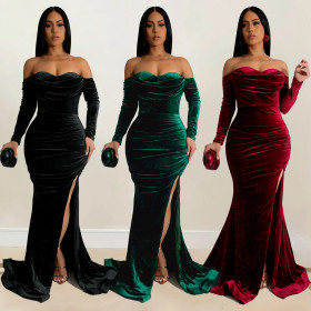 Women's solid color slit evening dress, low cut dress