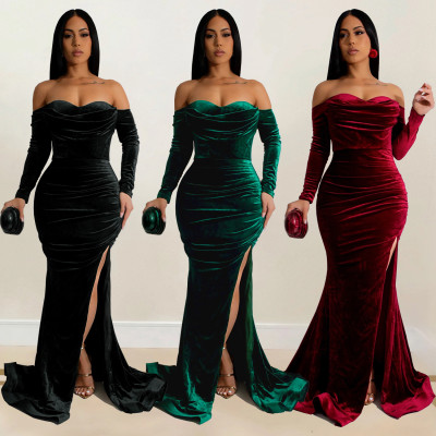 Women's solid color slit evening dress, low cut dress