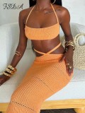 Woolen string with neck strap, chest wrapped elastic waist strap, semi long skirt set