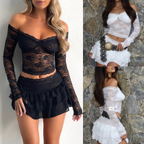 Mesh lace edge long sleeved shirt, cake skirt two-piece set