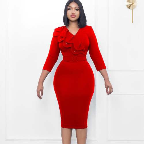 Large double-layer collar nail bead V-neck hip hugging skirt