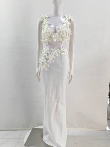 Two piece set of three-dimensional flower camisole vest with split back long skirt