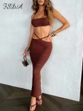 Woolen string with neck strap, chest wrapped elastic waist strap, semi long skirt set
