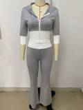 Splicing zipper five quarter sleeve jacket straight leg pants set