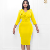 Large double-layer collar nail bead V-neck hip hugging skirt
