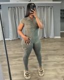 Zipper Short Sleeve Pit Strip Digital Printed Outerwear jumpsuit