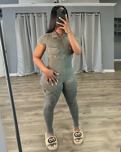 Zipper Short Sleeve Pit Strip Digital Printed Outerwear jumpsuit