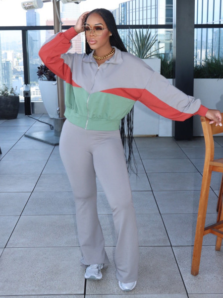 Women's two-piece long sleeved zipper jacket tight flared pants set