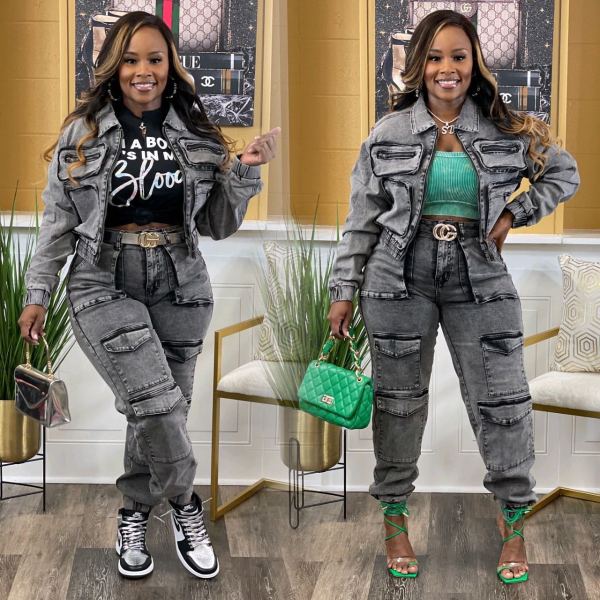 High elasticity multi pocket washed denim set two-piece set NY8158
