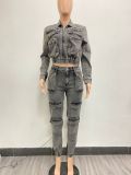 High elasticity multi pocket washed denim set two-piece set NY8158