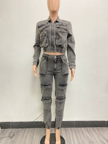High elasticity multi pocket washed denim set two-piece set NY8158