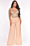 Low cut sequined neck hanging vest, chiffon high waisted straight leg pants two-piece set