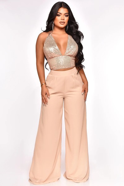 Low cut sequined neck hanging vest, chiffon high waisted straight leg pants two-piece set