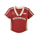 Color blocked V-neck short sleeved sports T-shirt
