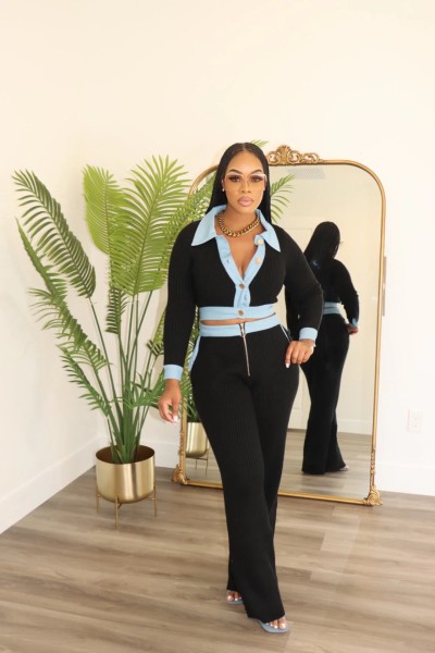 Single breasted knitted sweater and pants set