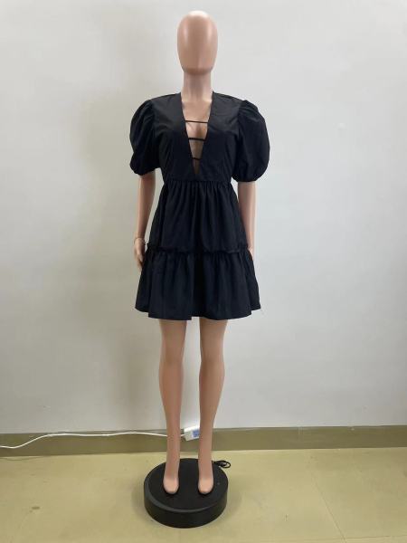 V-neck bubble sleeve high waisted patchwork A-line dress