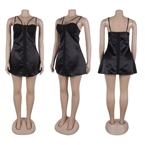 Strap waist cinching mini dress with micro pull up