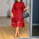 Sparkling fringe bat sleeve elastic hip hugging dress