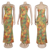 Double layer tie dye printed suspender with exposed back and tied rope high waisted dress