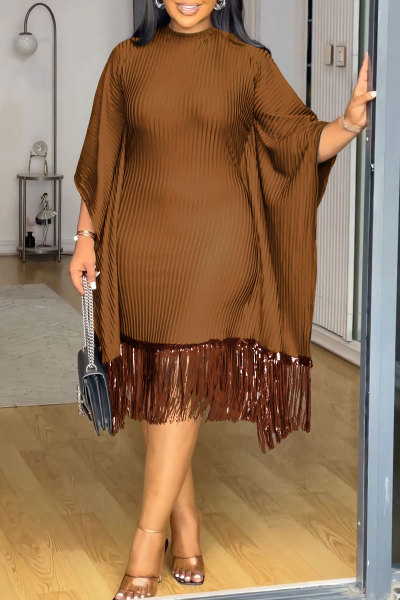 Sparkling fringe bat sleeve elastic hip hugging dress