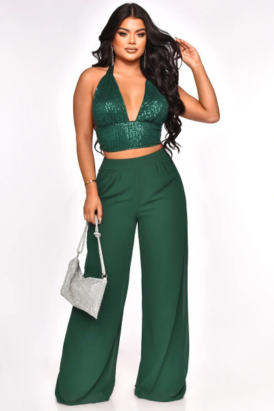 Low cut sequined neck hanging vest, chiffon high waisted straight leg pants two-piece set