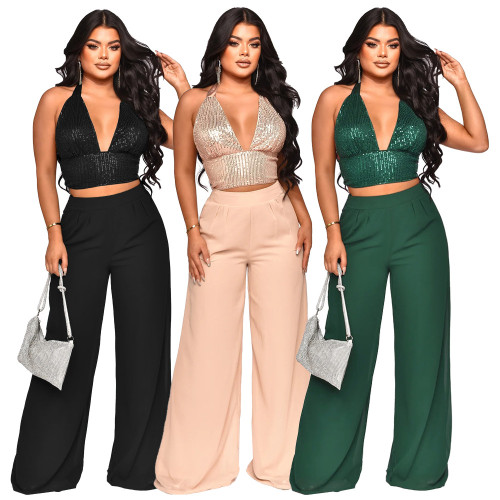 Low cut sequined neck hanging vest, chiffon high waisted straight leg pants two-piece set