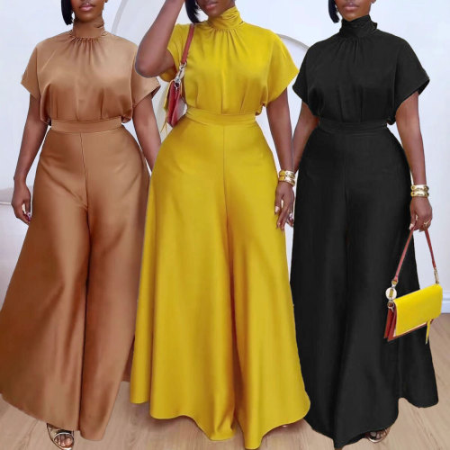 Satin smooth strap fly sleeve wide leg two-piece set
