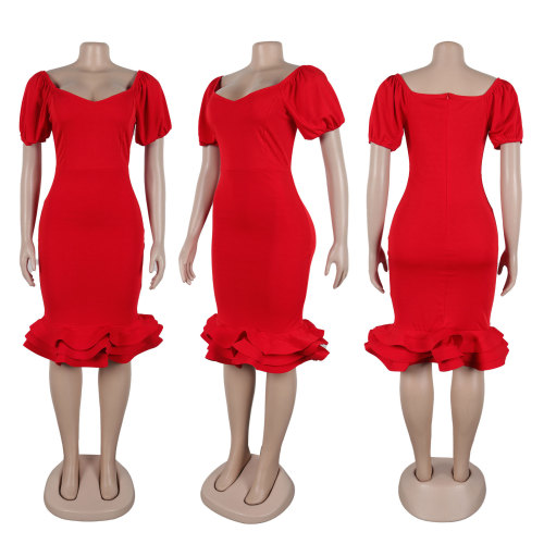 Elastic hip hugging waist cinched lantern sleeve wavy hem dress