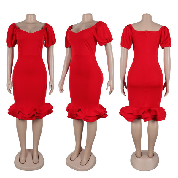 Elastic hip hugging waist cinched lantern sleeve wavy hem dress