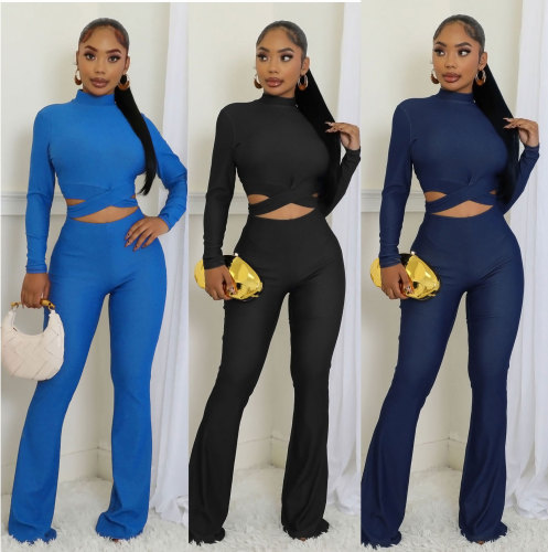 Long sleeved bandage top, high waisted micro flared pants set