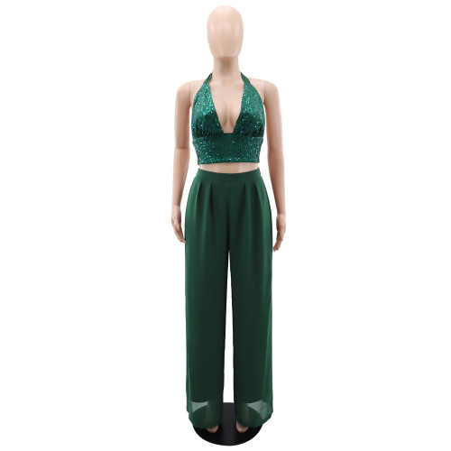 Low cut sequined neck hanging vest, chiffon high waisted straight leg pants two-piece set
