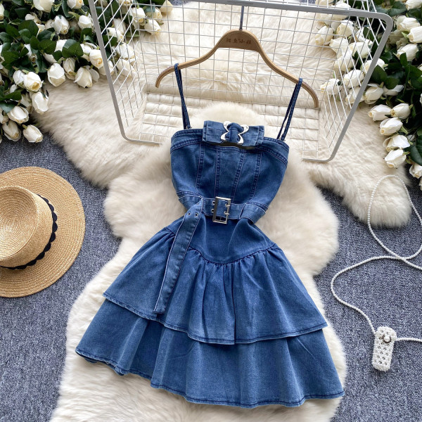 Strap denim dress cake skirt