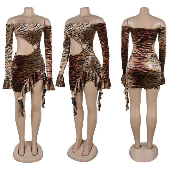 One shoulder hollowed out leopard print long sleeved dress with exposed shoulder