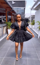 V-neck bubble sleeve high waisted patchwork A-line dress V-neck bubble sleeve high waisted patchwork A-line dress