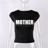 Printed backless tight fitting short sleeved half high neck T-shirt