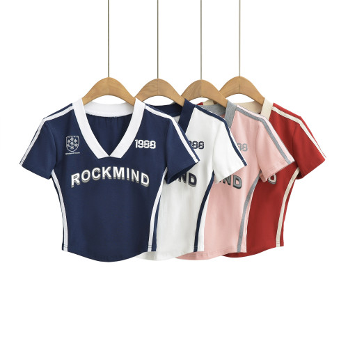 Color blocked V-neck short sleeved sports T-shirt