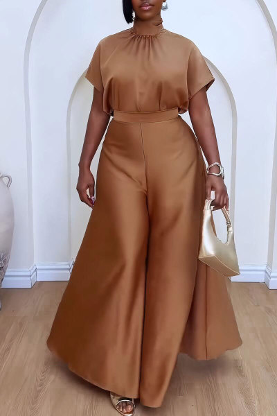 Satin smooth strap fly sleeve wide leg two-piece set