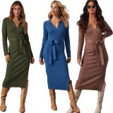 Long skirt elastic knitted hollow dress