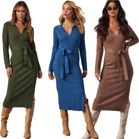 Long skirt elastic knitted hollow dress